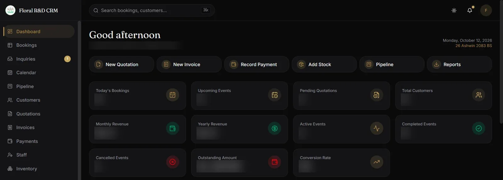 Floral Roots admin dashboard with quick actions and summary cards; all figures are blurred